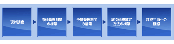 現状調査→原価管理制度の構築→予算管理制度の構築→取引価格算定方法の構築→課税当局への確認